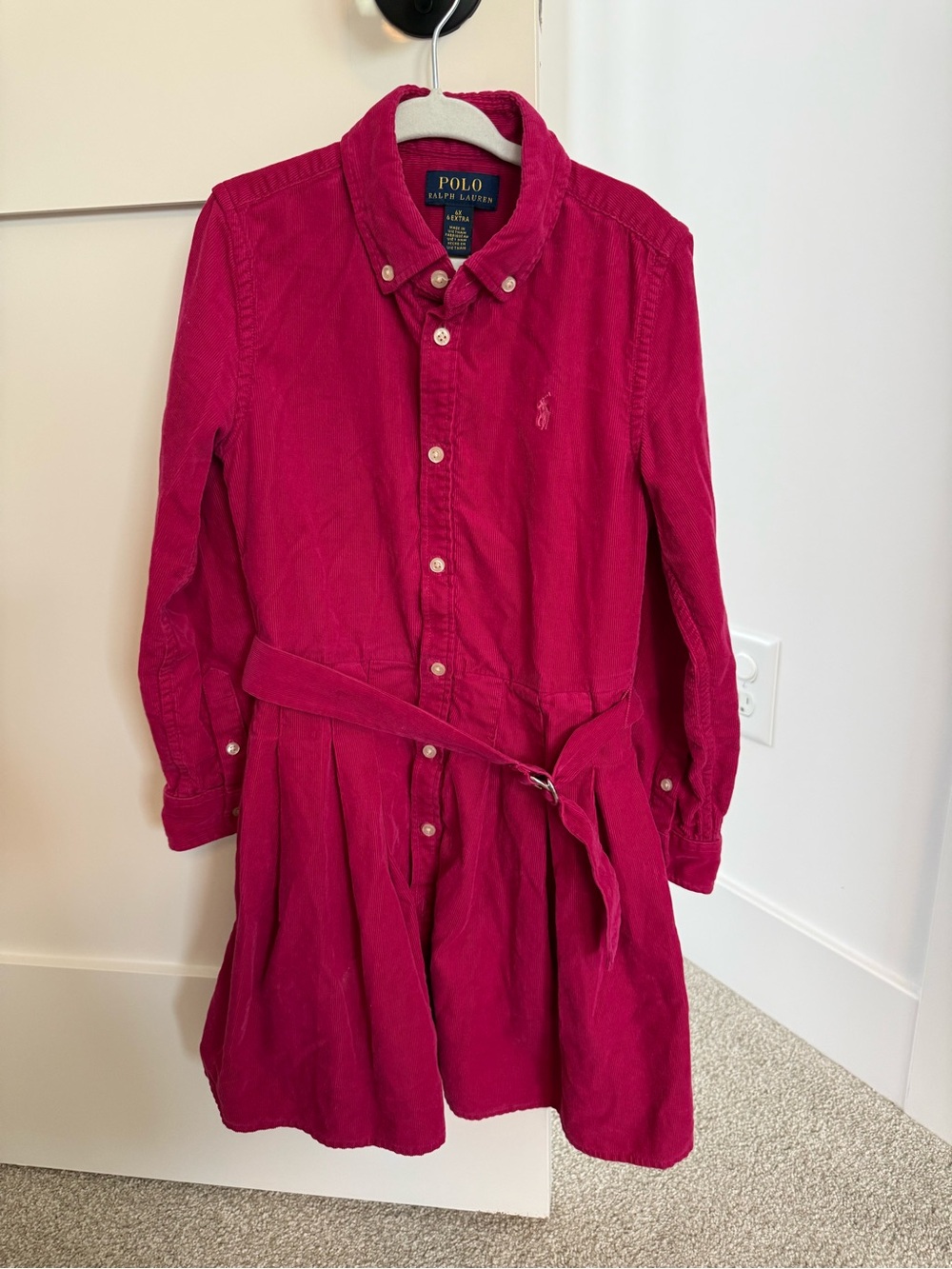 Polo by Ralph Lauren Girls' Fuchsia Corduroy Shirt Dress with Tie